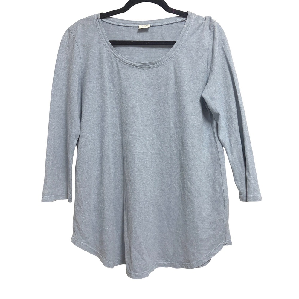 Poetry Hemp Cotton Scoop Neck Blue Top 3/4 Sleeve Curved Hem Natural Fabric US 6